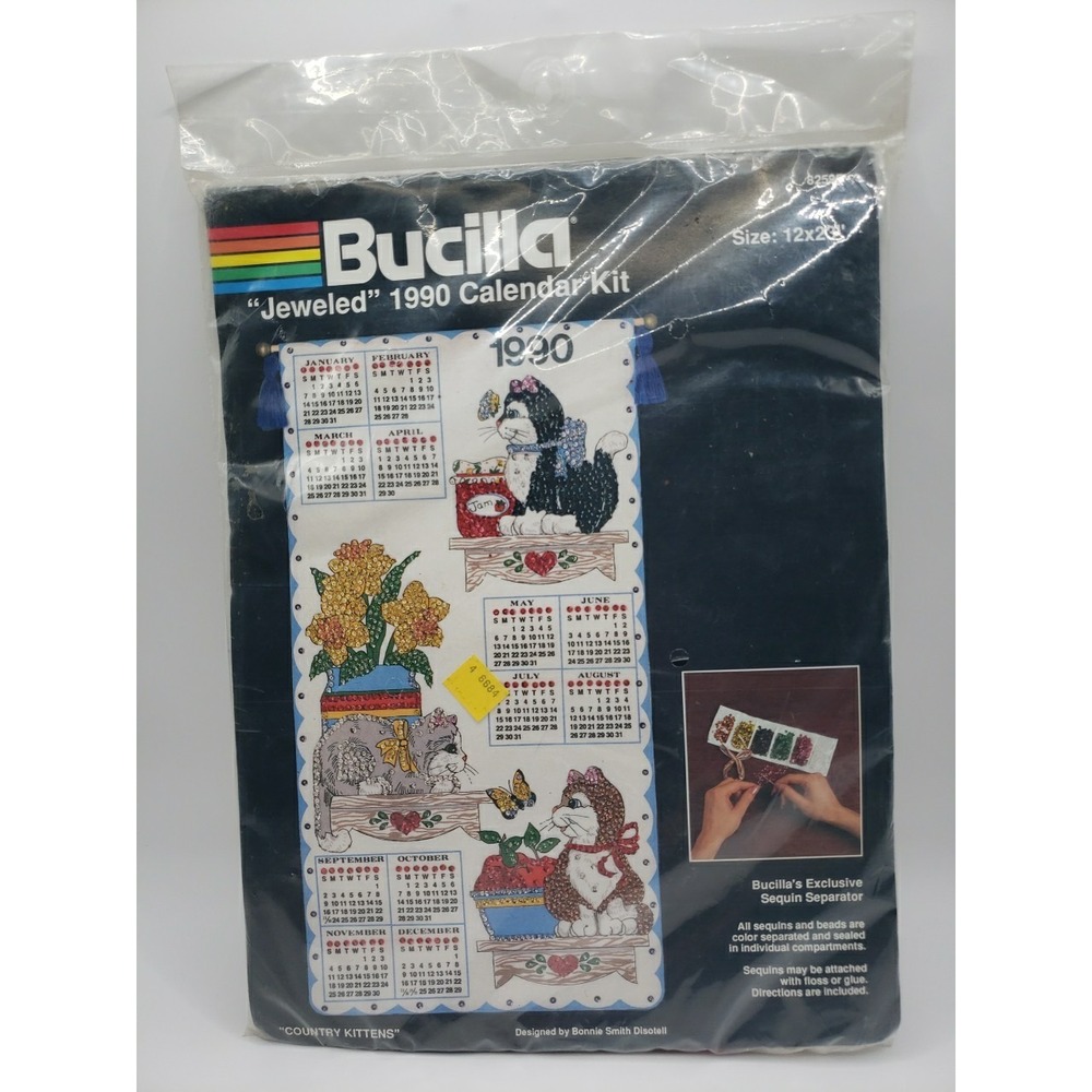 Vintage Bucilla Needlecraft Sequined Calendar Kit 1990 Country Kittens #82595